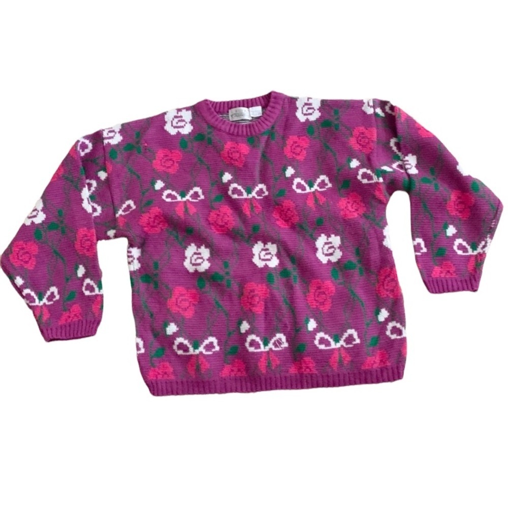 Chateau | Knit Pink Purple Green Rose Print Sweater